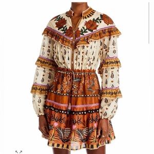 Farm Rio Floral Tiered Mini Dress in Cream & Rust - size M